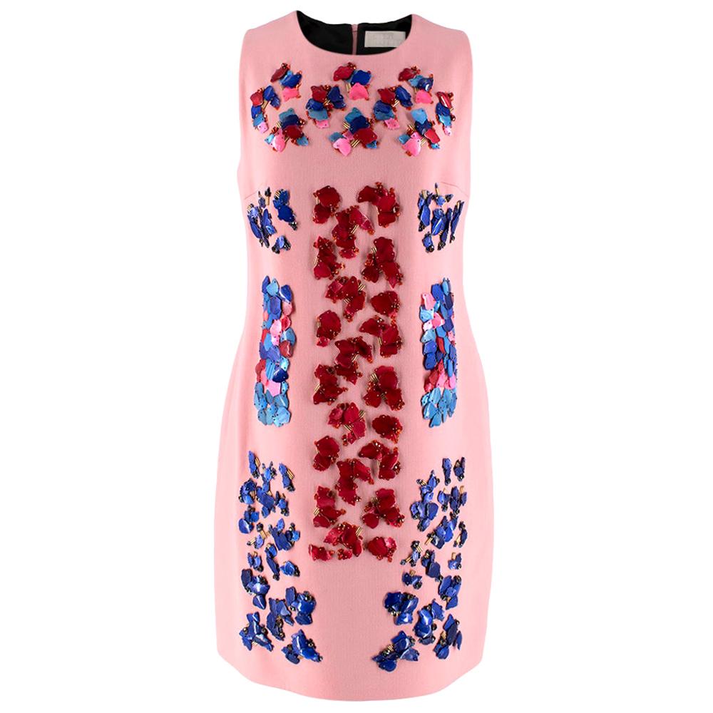 Peter Pilotto Pink Embellished Sleeveless Wool Crepe Shift Dress - Size US 8 For Sale