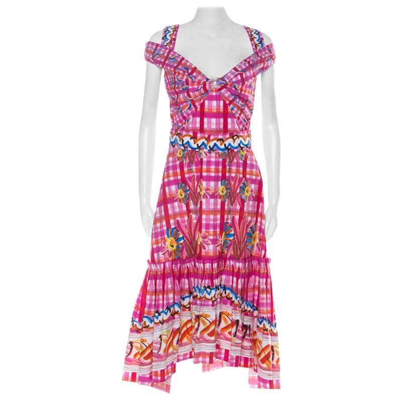 Peter Pilotto Pink Printed Cotton Poplin Cold Shoulder Ruffled Hem Dress S