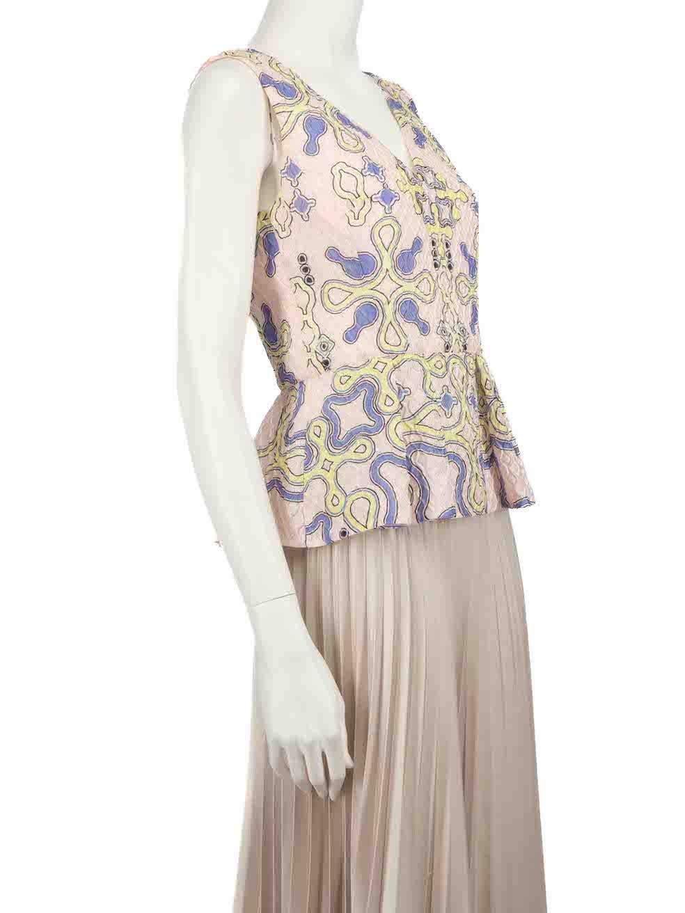 CONDITION is Very good. Hardly any visible wear to top is evident on this used Peter Pilotto designer resale item.
 
 
 
 Details
 
 
 Pink
 
 Polyester
 
 Peplum top
 
 Abstract print
 
 Textured
 
 Sleeveless
 
 V-neck
 
 Back zip fastening
 
 
 
