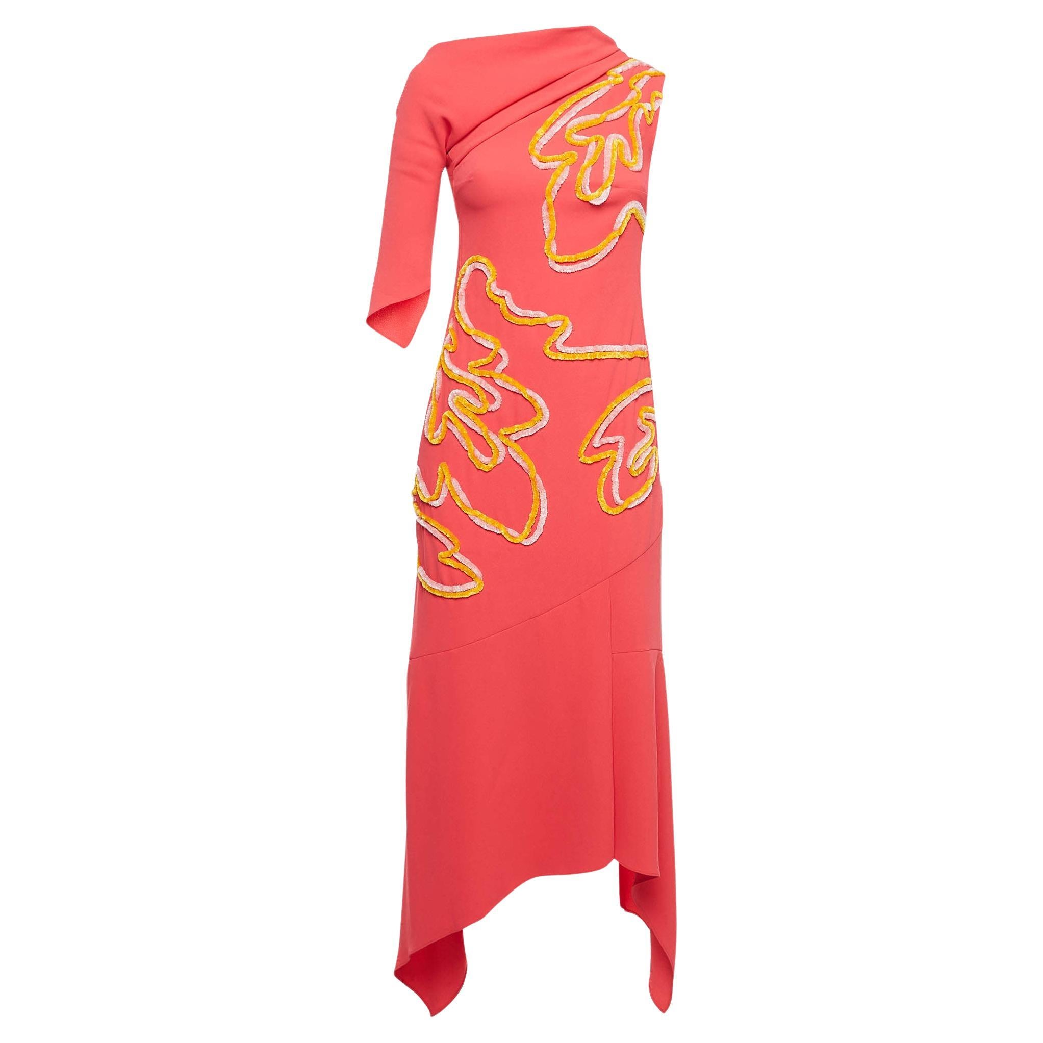 Peter Pilotto Red Contrast Trim Crepe Off-Shoulder Chenille Cady Gown S For Sale