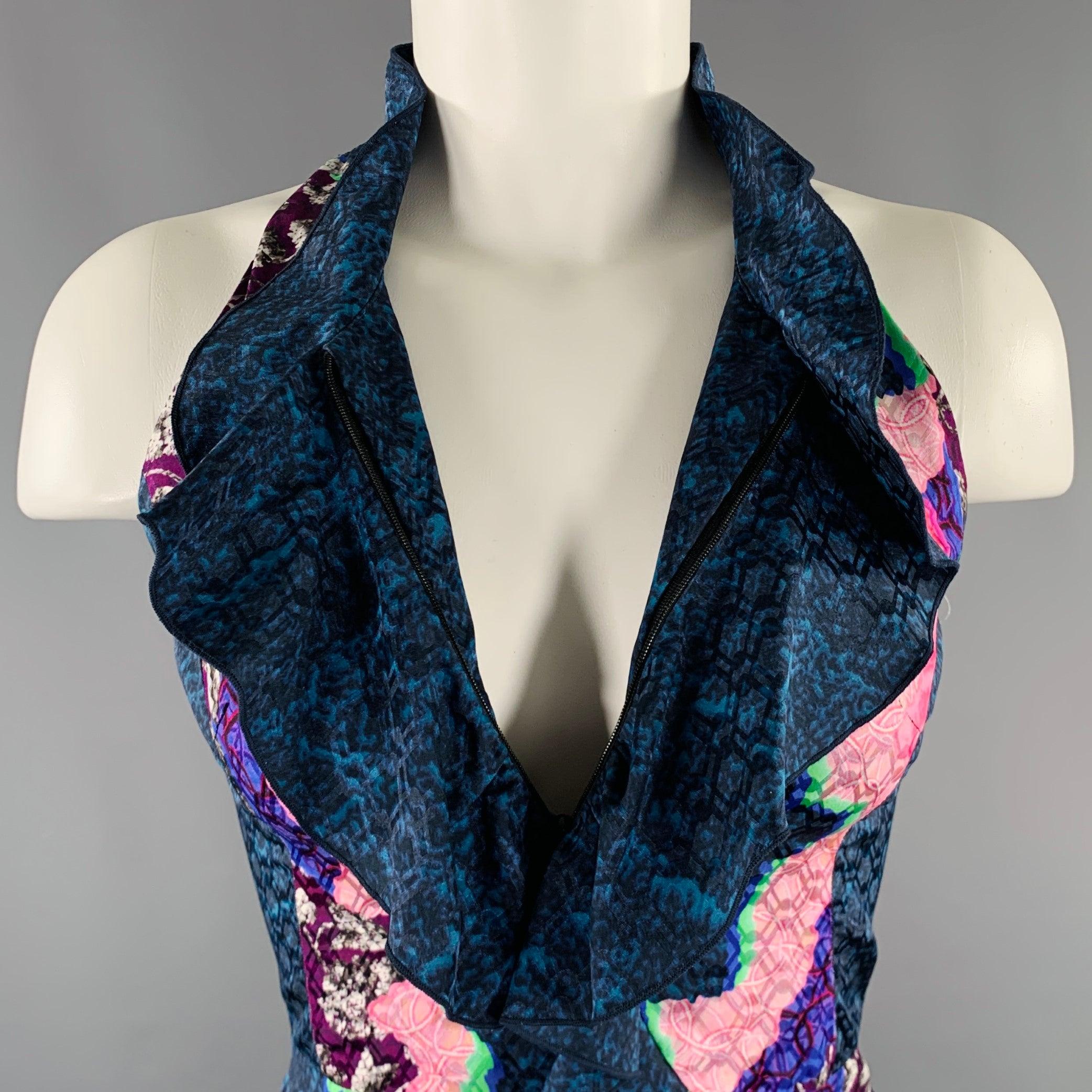 PETER PILOTTO dress
in a blue and multi-color fabric featuring a floral design, sleeveless style, ruffle front with optional zipper for a deeper neckline, and back zipper closure.Excellent Pre-Owned Condition. 

Marked:   UK 6 

Measurements: 
