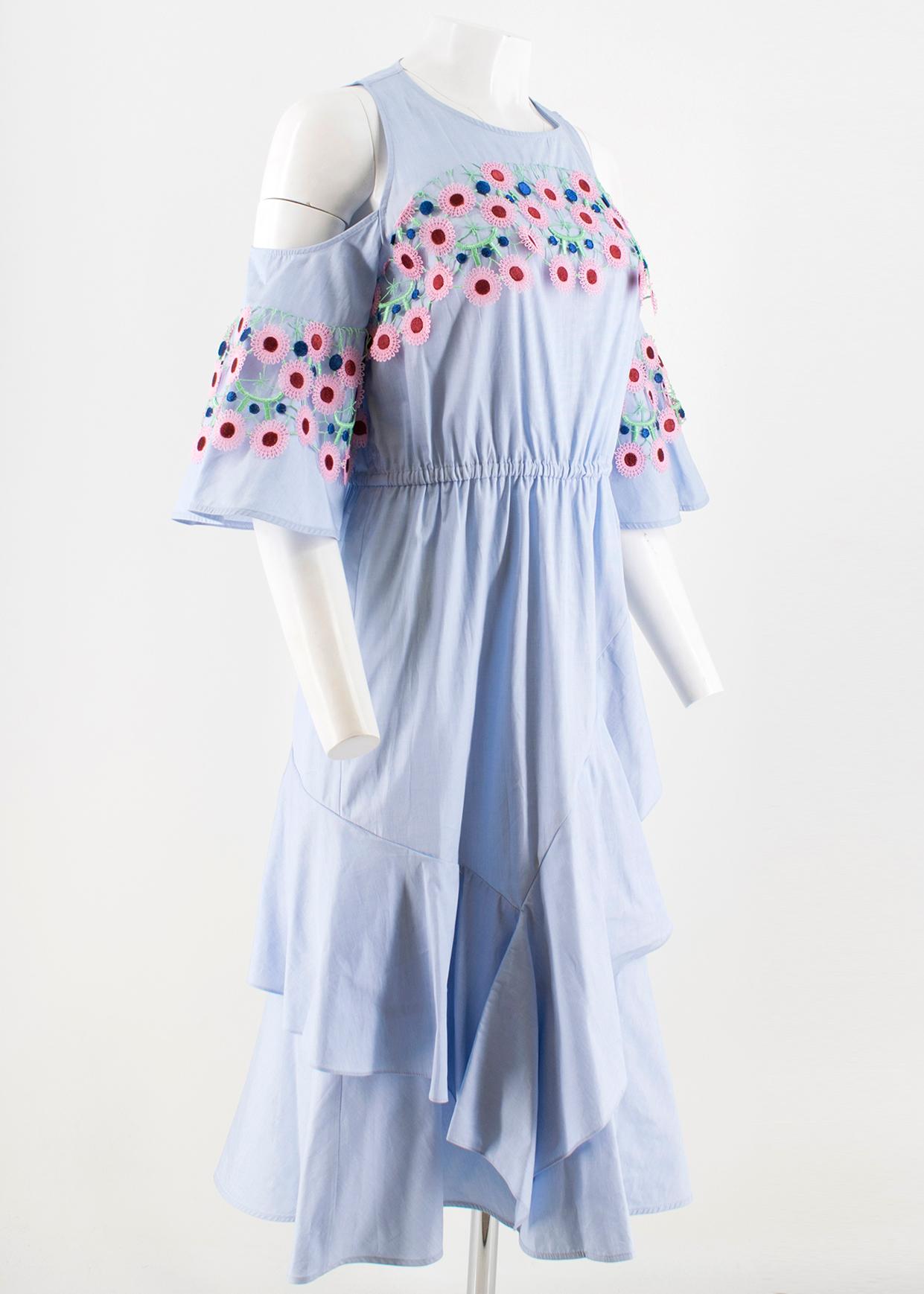 Peter Pilotto Sky Blue Midi Dress

- Sky blue, lightweight, midi dress
- Cold shoulders, short sleeves 
- Round neck
- Floral guipure lace trim around the chest and sleeves
- Elasticated waist
- Ruffled trimmed flared skirt
- Centre-back zip