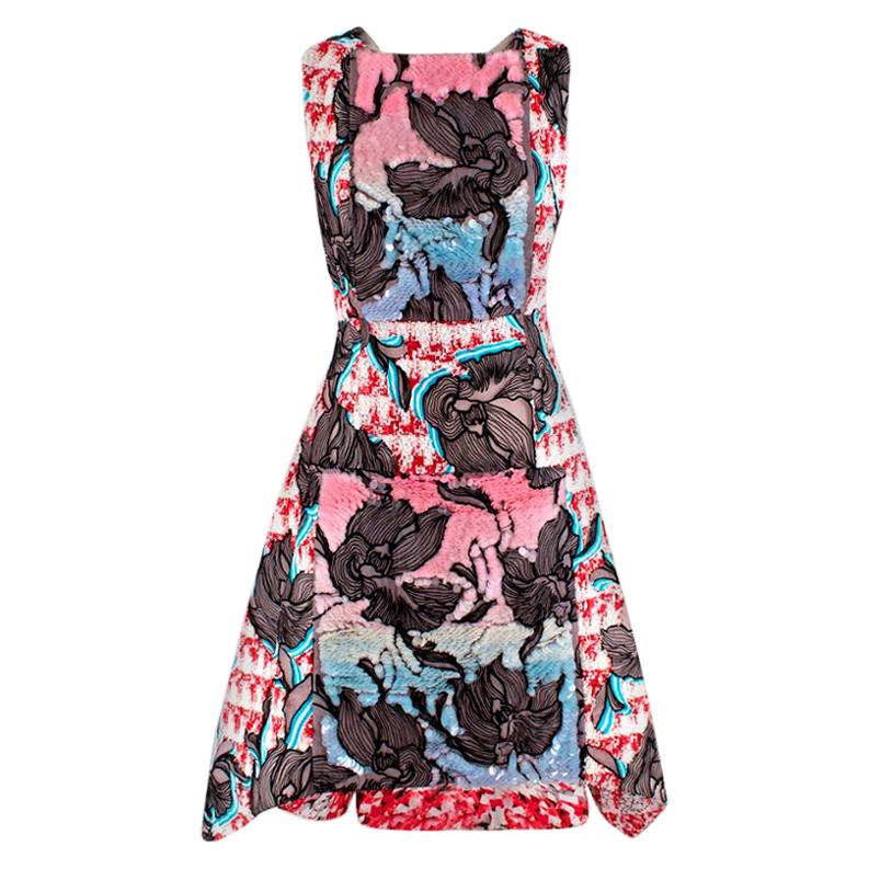 Peter Pilotto Tweed & Chiffon Print Sequin Dress - Size US 8 For Sale
