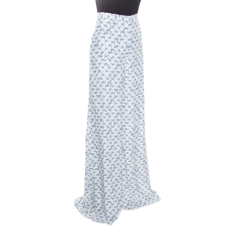 Gray Peter Pilotto White and Blue Floral Printed Wide Leg Pants M