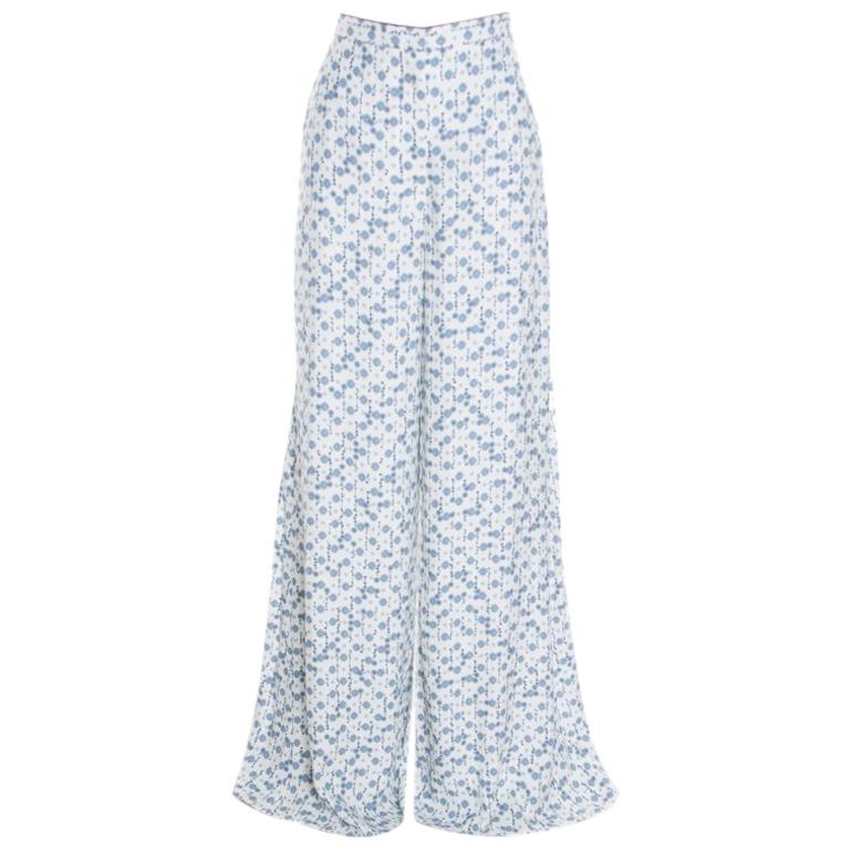 Peter Pilotto White and Blue Floral Printed Wide Leg Pants M