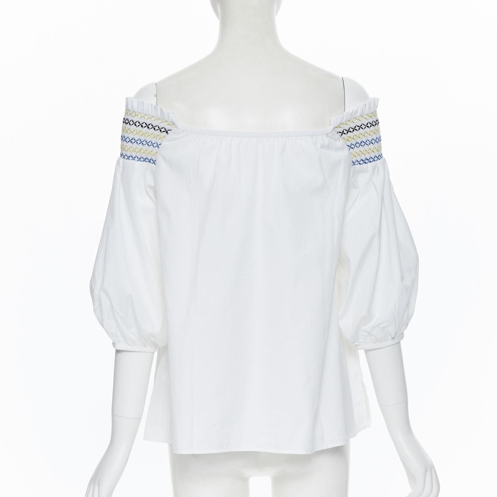 Women's PETER PILOTTO white cotton ethnic embroidery off shoulder puff sleeve top UK6 For Sale
