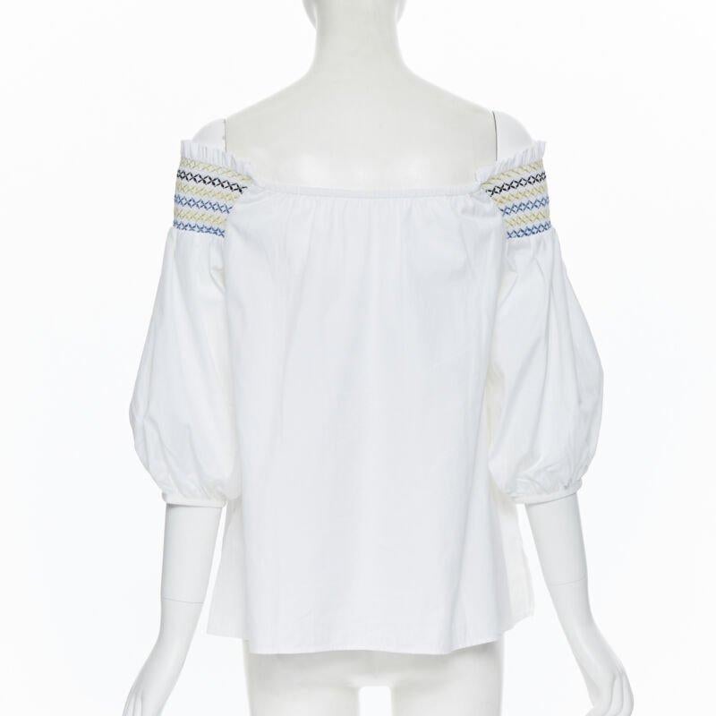 PETER PILOTTO weißes Oberteil aus Baumwolle mit ethnischer Stickerei, schulterfrei, Puffärmel UK6 Damen im Angebot
