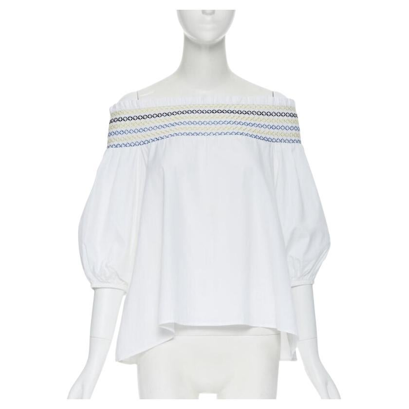 PETER PILOTTO weißes Oberteil aus Baumwolle mit ethnischer Stickerei, schulterfrei, Puffärmel UK6 im Angebot