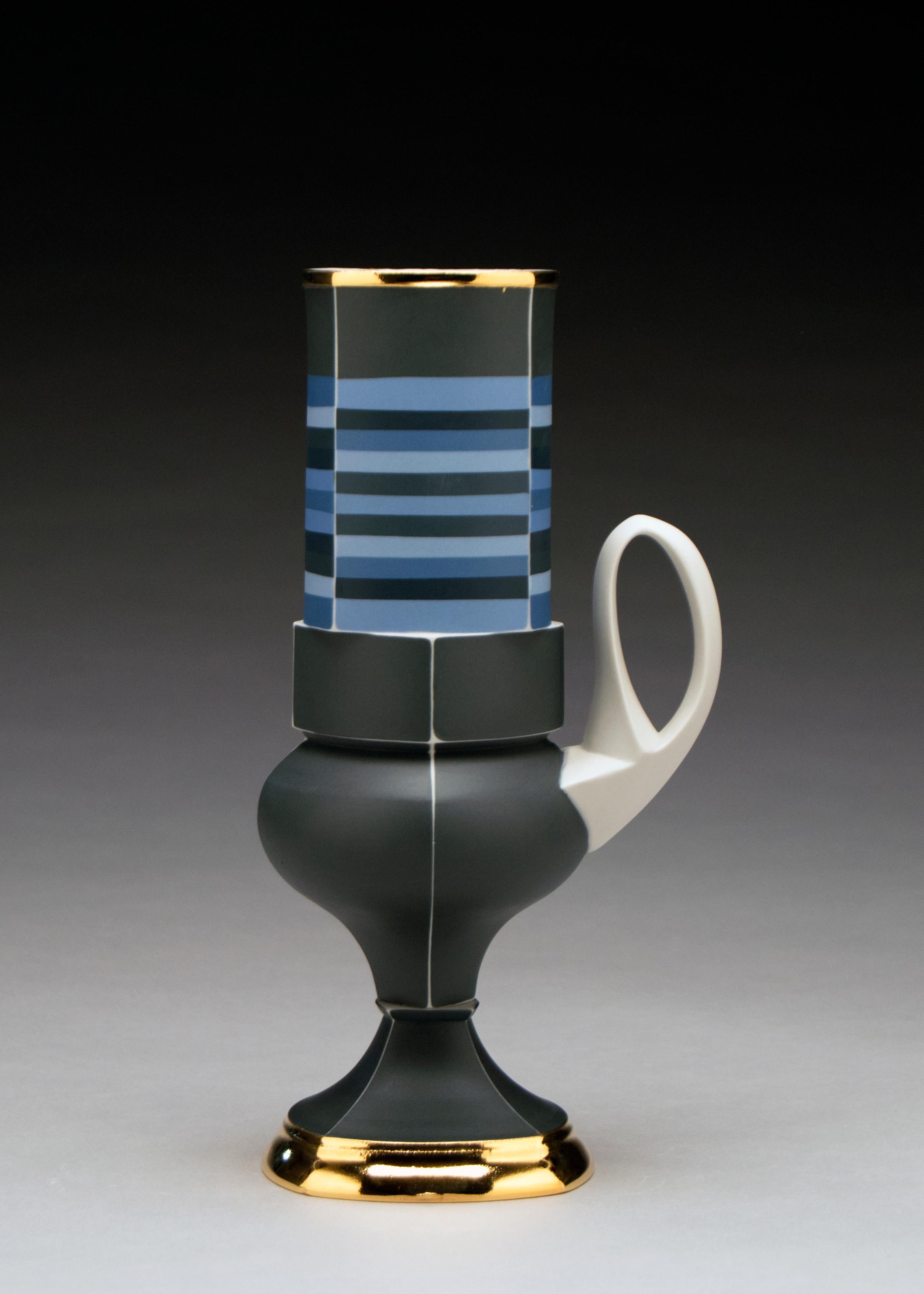 Contemporary Design, Porcelain Cup with Gold Luster Glaze and Geometric Pattern - Sculpture by Peter Pincus