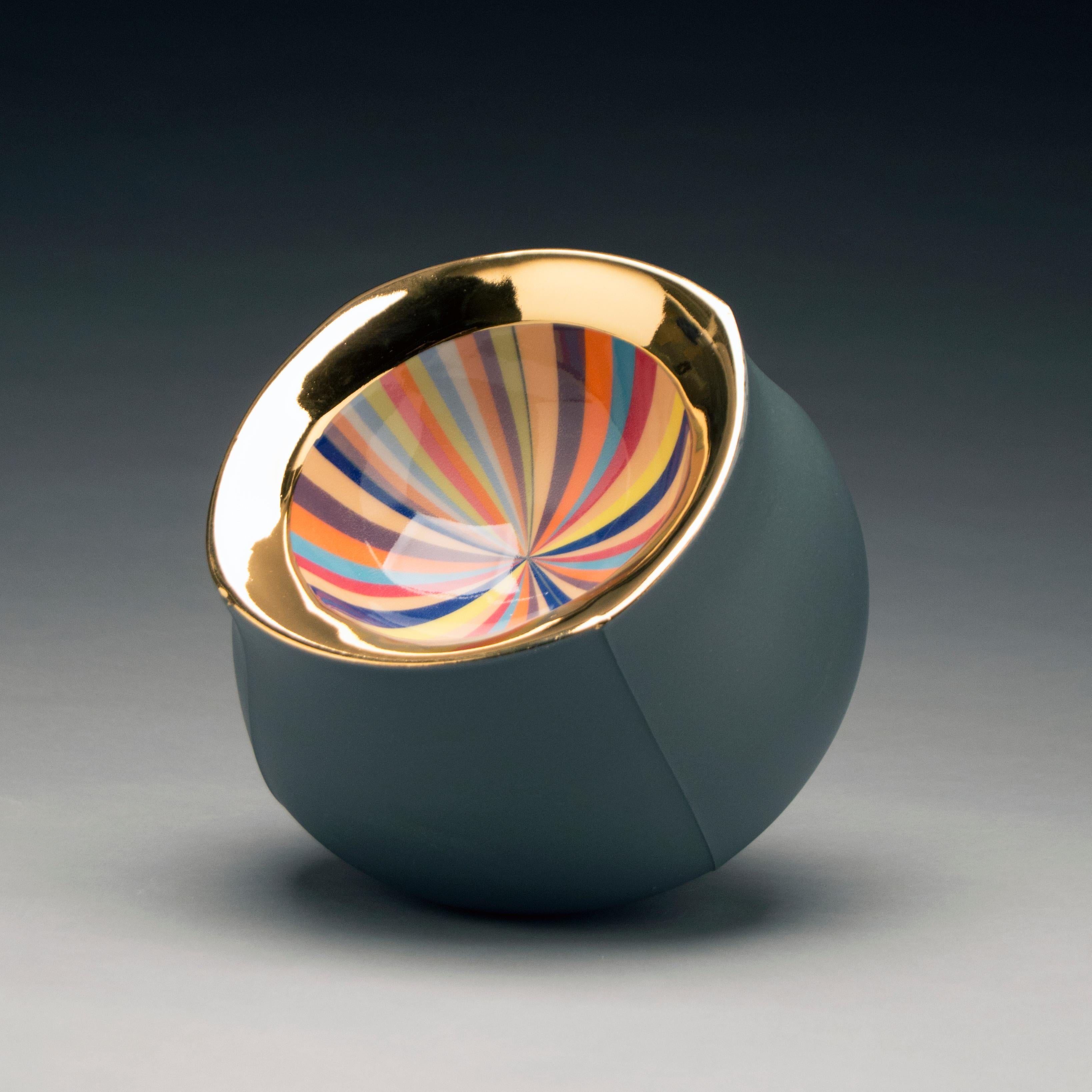 Dark Grey Bowl, Contemporary Design, Slip Cast Porcelain with Colorful Pattern - Sculpture by Peter Pincus