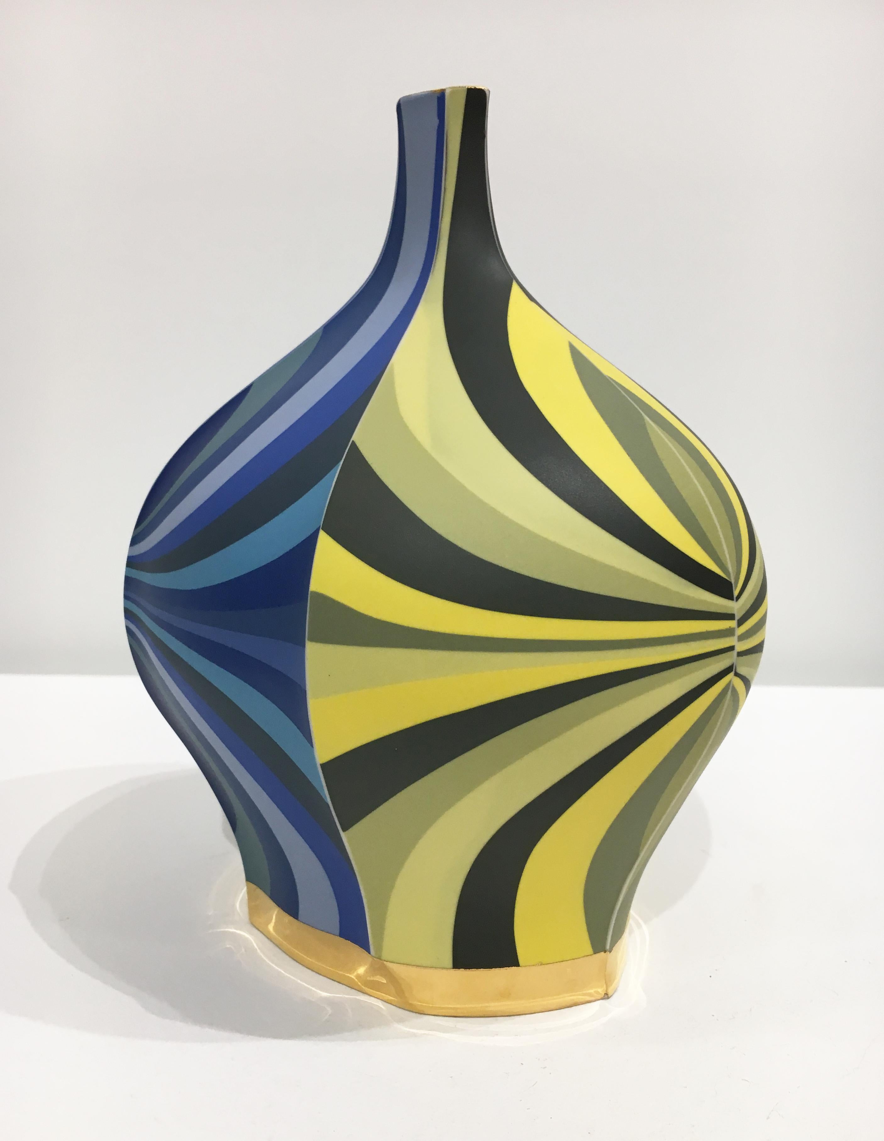 Oblong Bottle, Contemporary Design, Porcelain Sculpture with Colored Slip, Glaze - Gold Abstract Sculpture by Peter Pincus