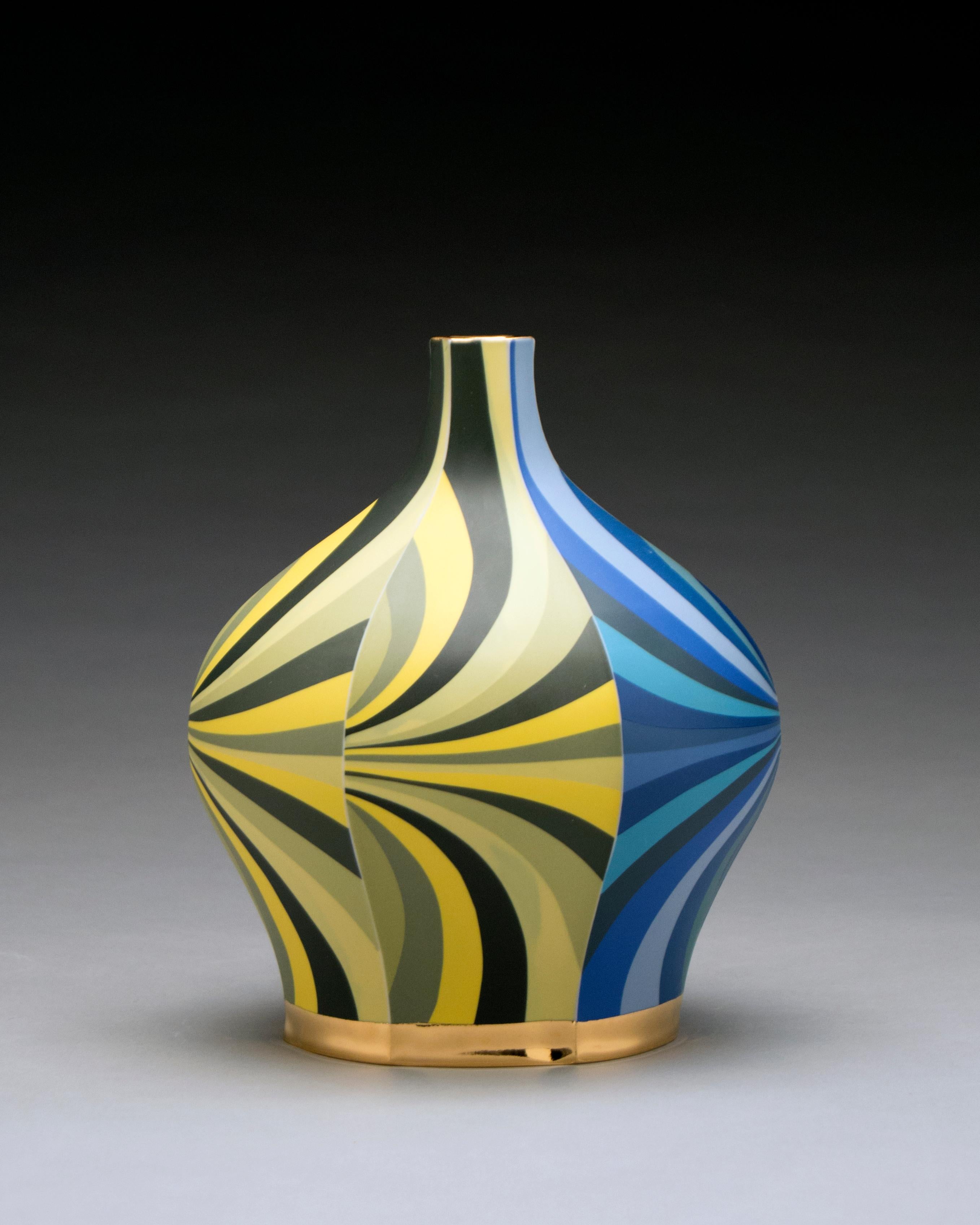 Peter Pincus Abstract Sculpture - Oblong Bottle, Contemporary Design, Porcelain Sculpture with Colored Slip, Glaze