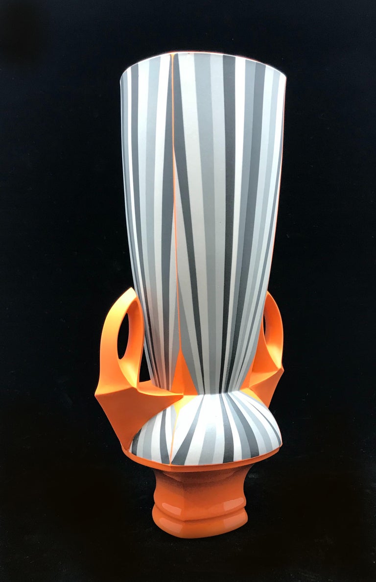 Orange Vase, Contemporary Design Porcelain Sculpture with Geometric Patterning - White Abstract Sculpture by Peter Pincus