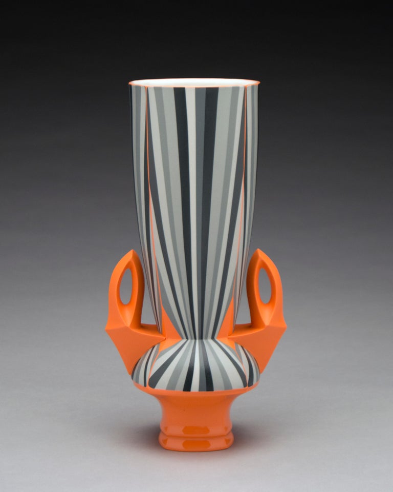 Peter Pincus Abstract Sculpture - Orange Vase, Contemporary Design Porcelain Sculpture with Geometric Patterning