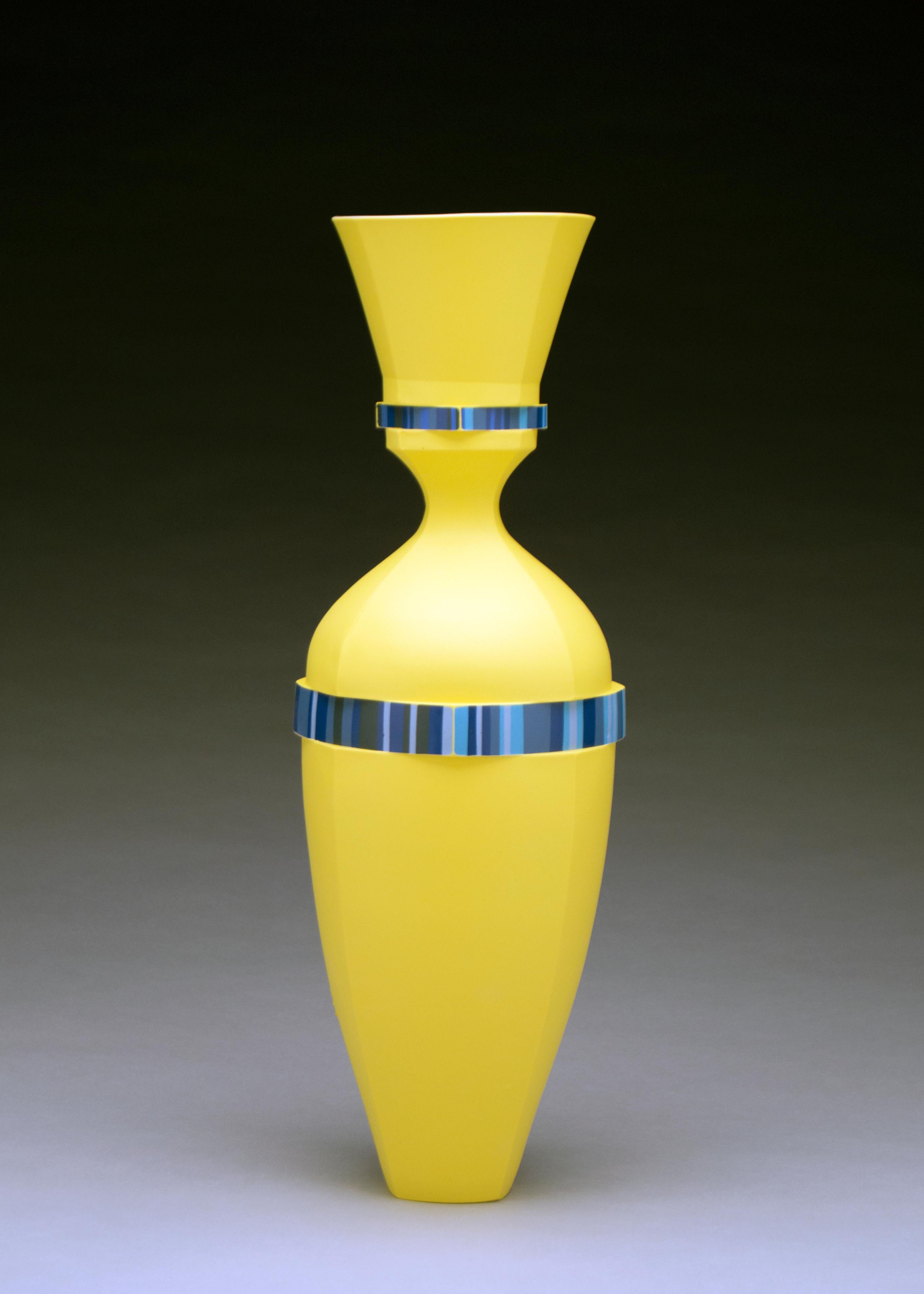 Yellow Vase, Contemporary Design, Porcelain Sculpture with Geometric Pattern