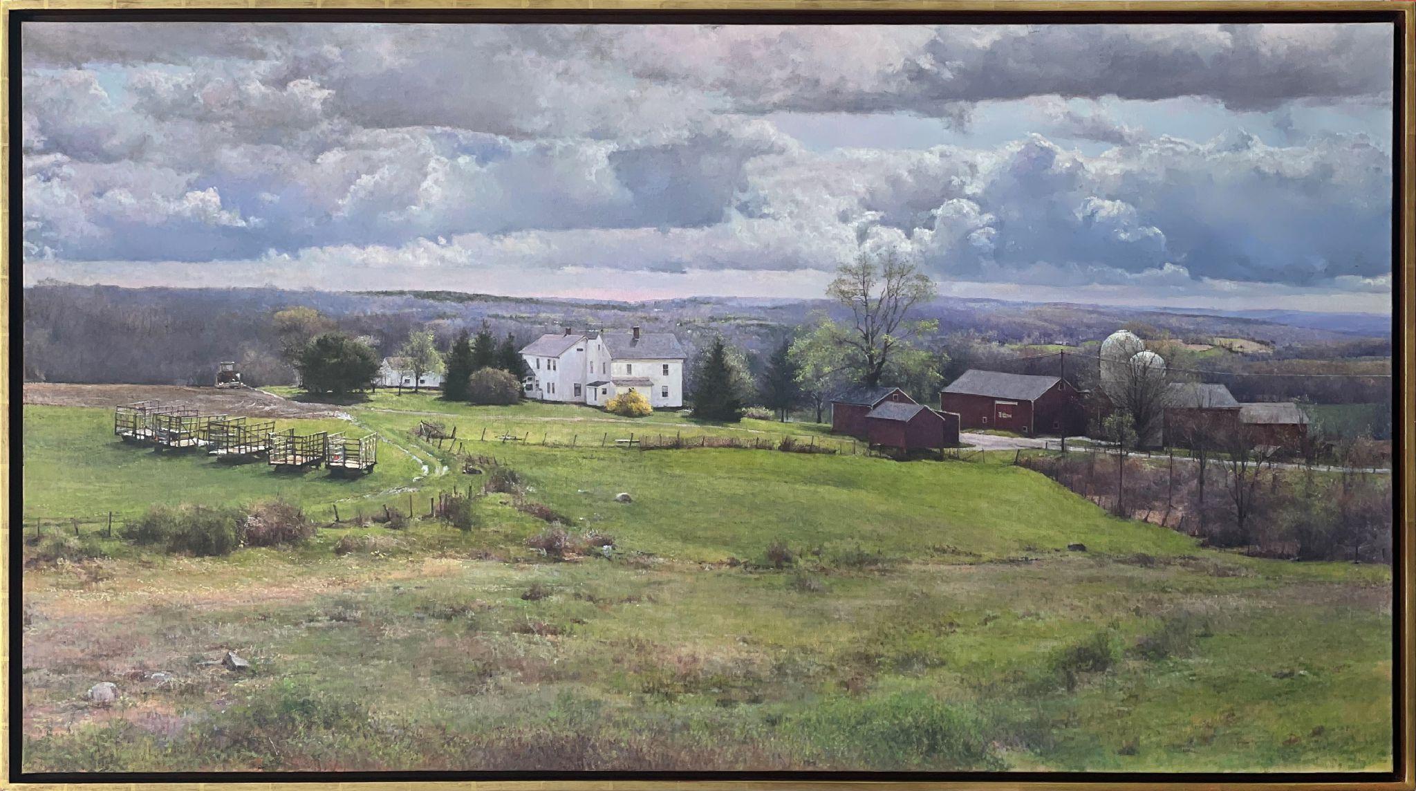 Haywagons, Aprilhimmel, Parmelee-Farm – Painting von Peter Poskas