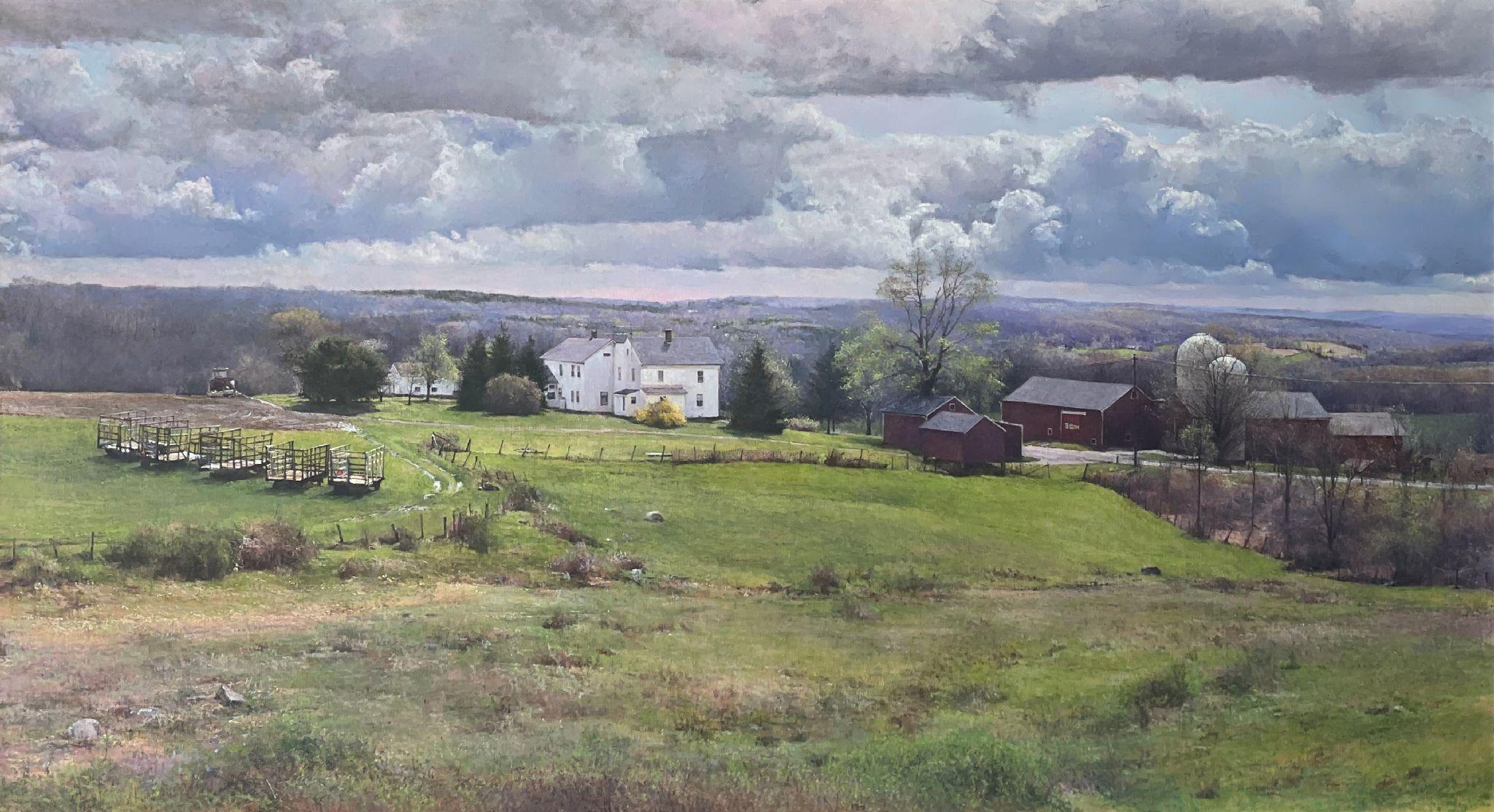 Peter Poskas Landscape Painting – Haywagons, Aprilhimmel, Parmelee-Farm
