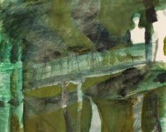 Sin título (Postes blancos), Siglo XX - Pintura al gouache sobre paisaje con verde