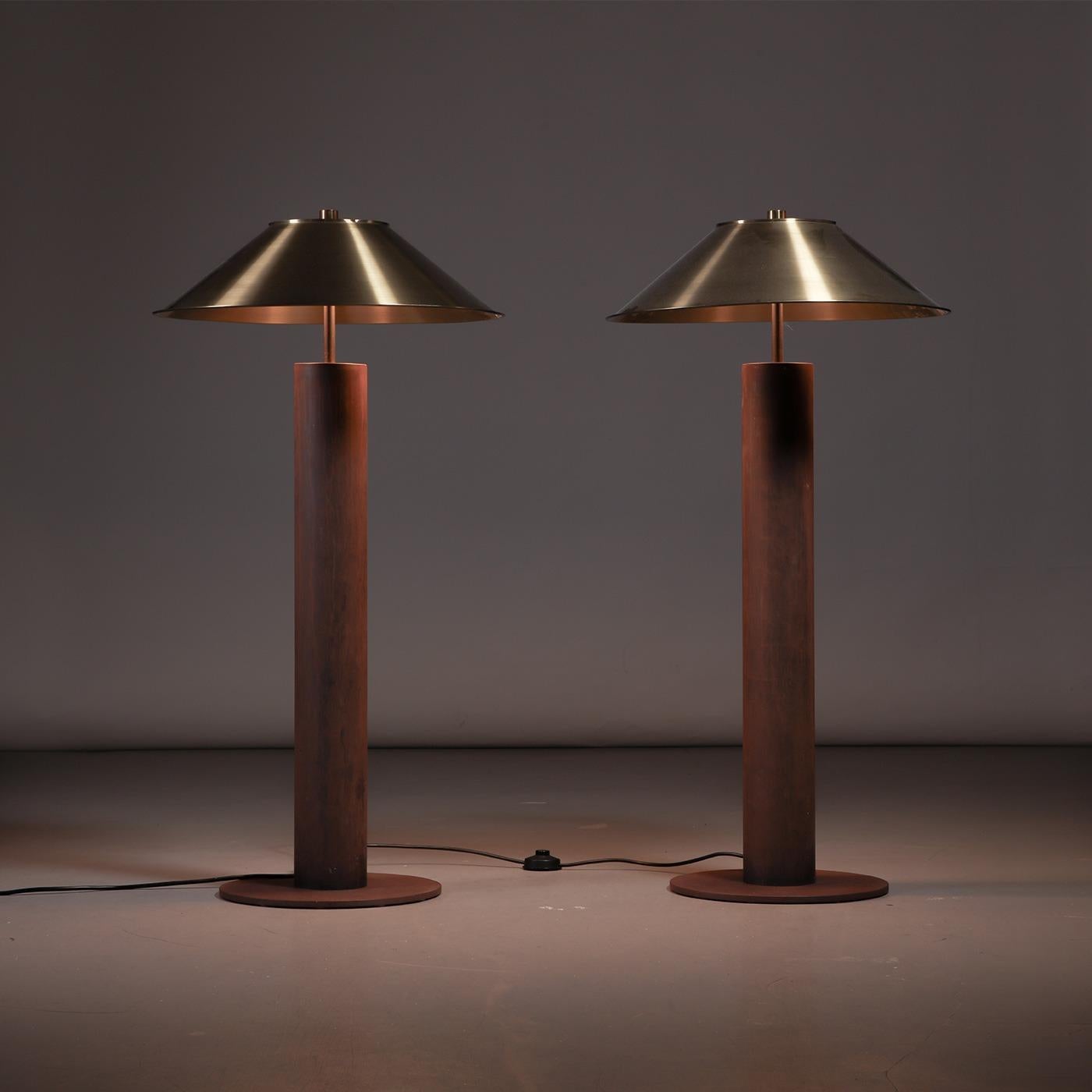Pair of modernist floor lamps in weathering steel designed by Peter Preller for Tecta, Germany, 1980s.

Designed in the 1980s by German designer and interior architect Peter Preller, these floor lamps exude a sense of tranquility with their Zen-like