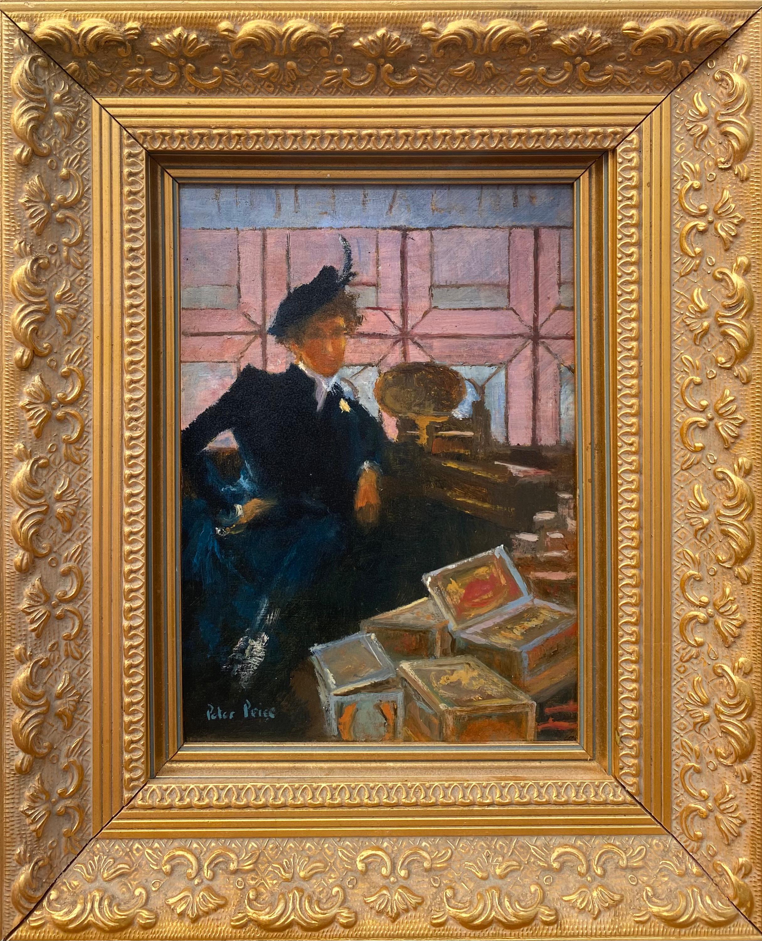 “Cigar Seller” - Brown Figurative Painting by Peter Price