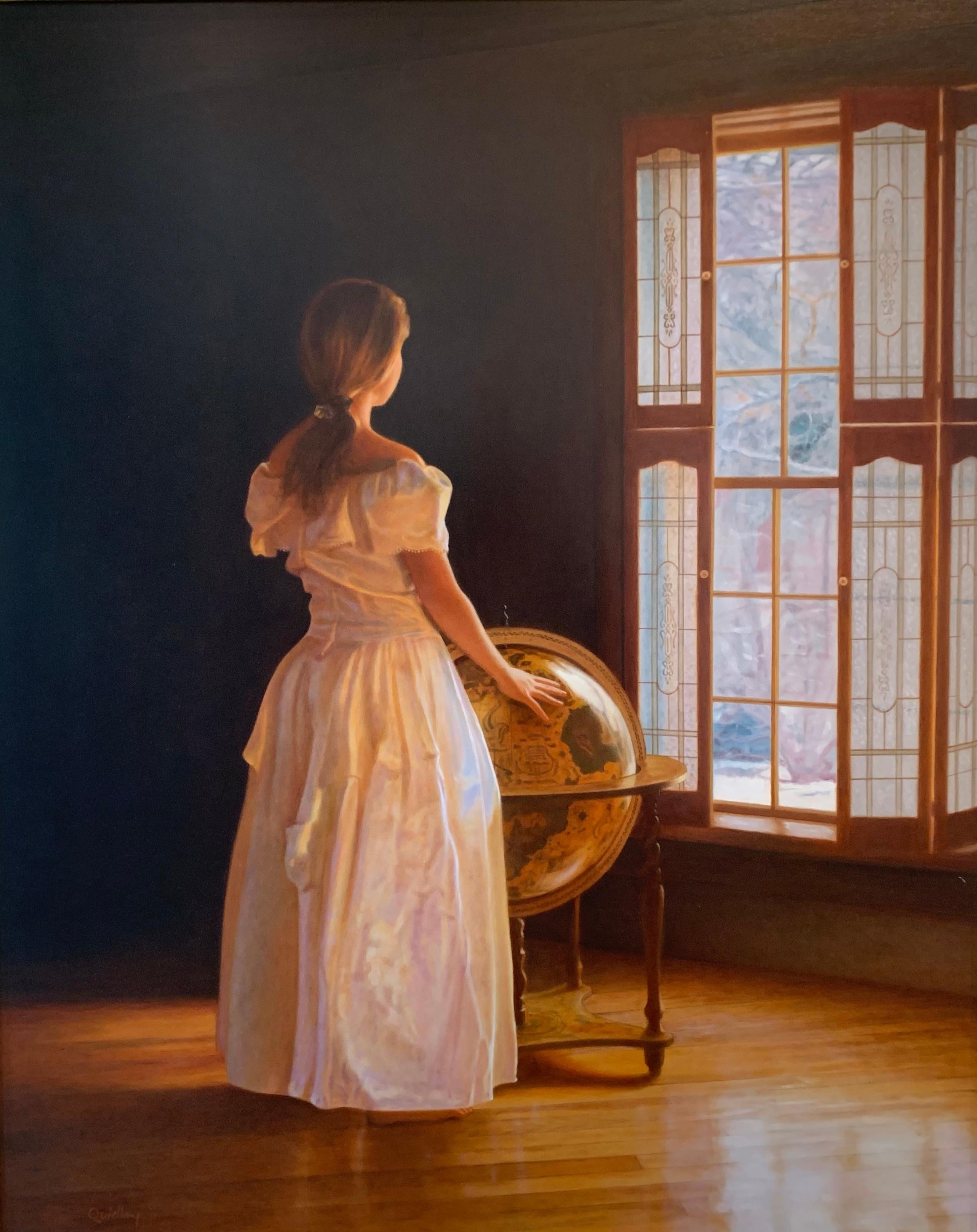 A young woman in a white lace dress stands in a dark room and stares out a window to the illuminated world outside, while her hands rest upon a globe. Typical of the artist the work, this piece is painted by his technique of laying thin glazes of