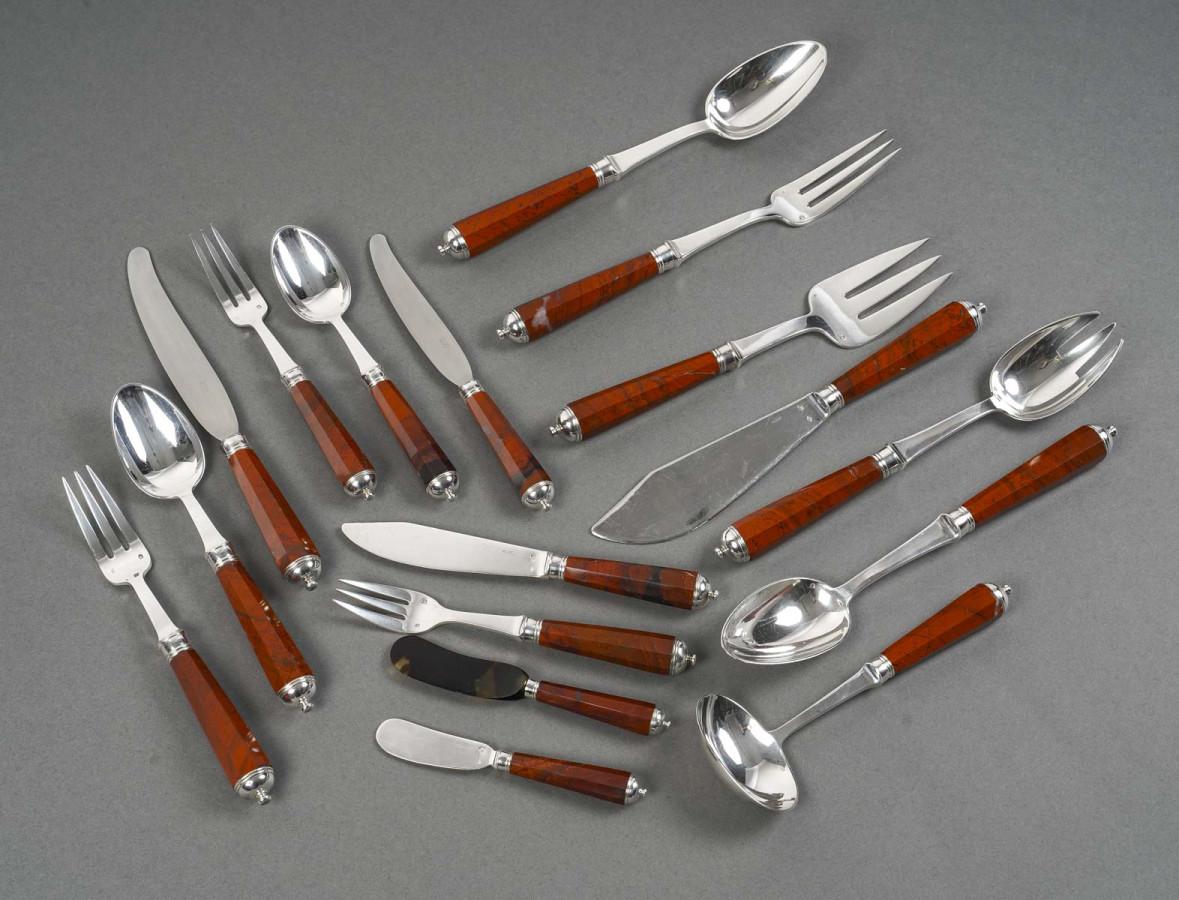 PETER & RAVINET D’ENFERT - 101 Piece solid SILVER CUTLERY SET & BLOODJASPER HAND 7