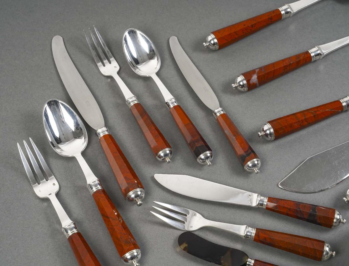 PETER & RAVINET D’ENFERT - 101 Piece solid SILVER CUTLERY SET & BLOODJASPER HAND 9