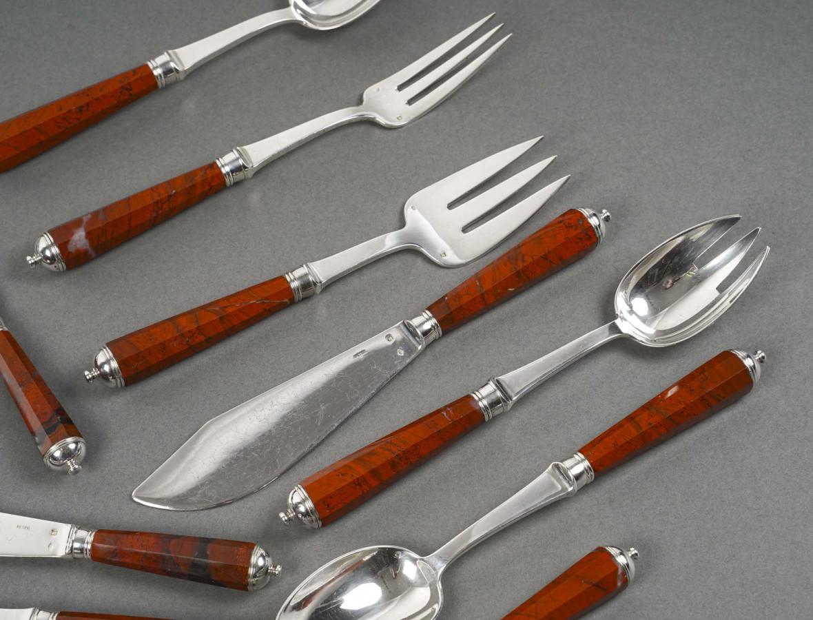 PETER & RAVINET D’ENFERT - 101 Piece solid SILVER CUTLERY SET & BLOODJASPER HAND 13