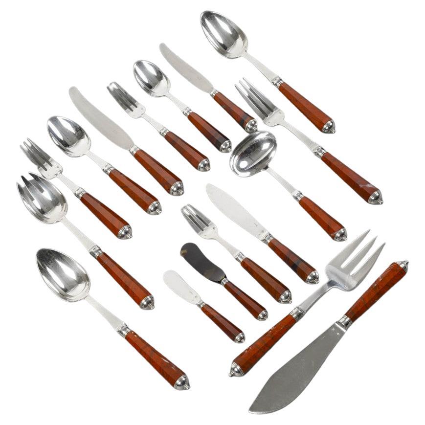 PETER & RAVINET D’ENFERT - 101 Piece solid SILVER CUTLERY SET & BLOODJASPER HAND