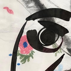 Gerahmte Tinte und Kohle auf Papier von Peter Robert Keil, Porträt auf Akt mit Blumen, 1975