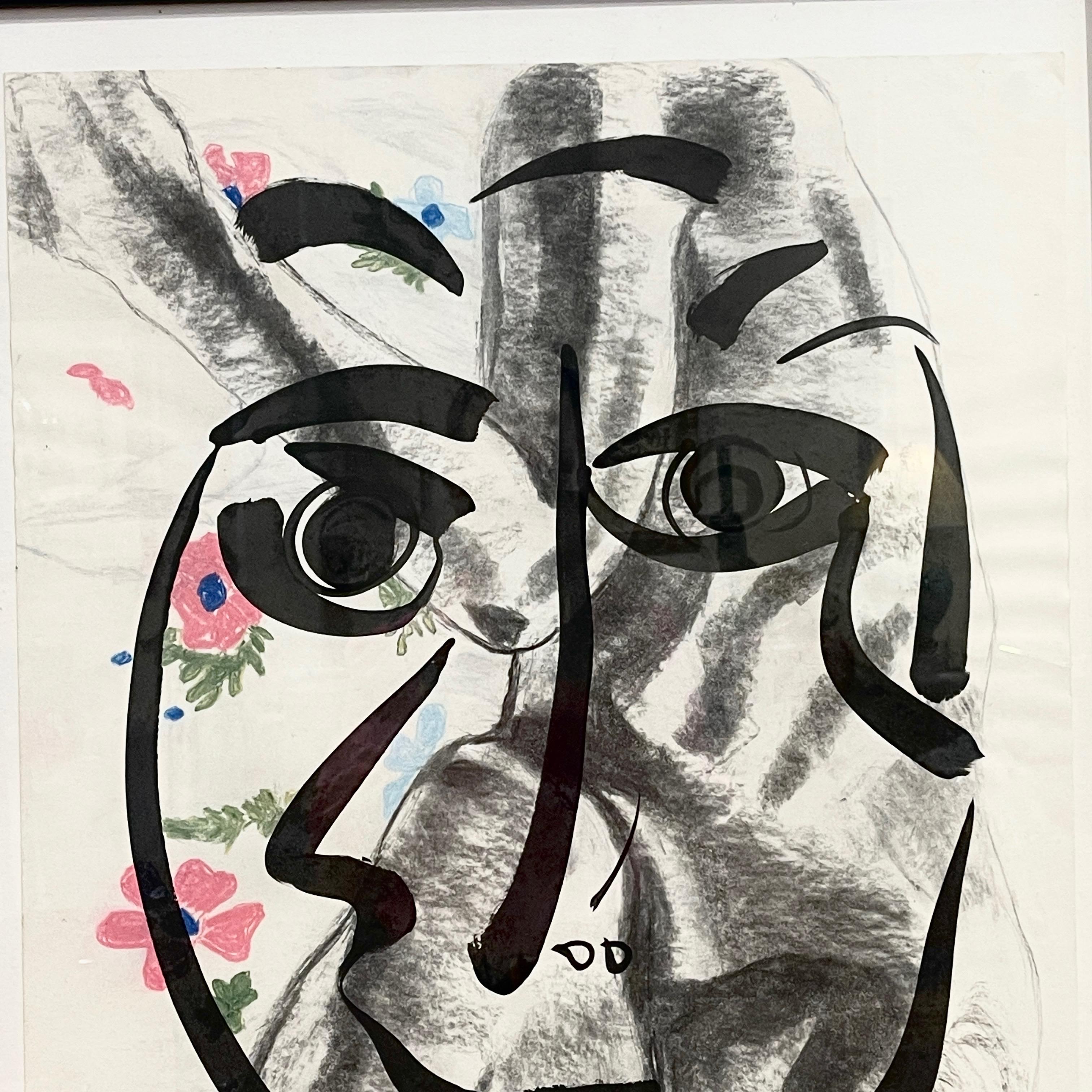 Peter Robert Keil Framed Ink & Charcoal on Paper 1975 Portrait on Nude w Flowers 1