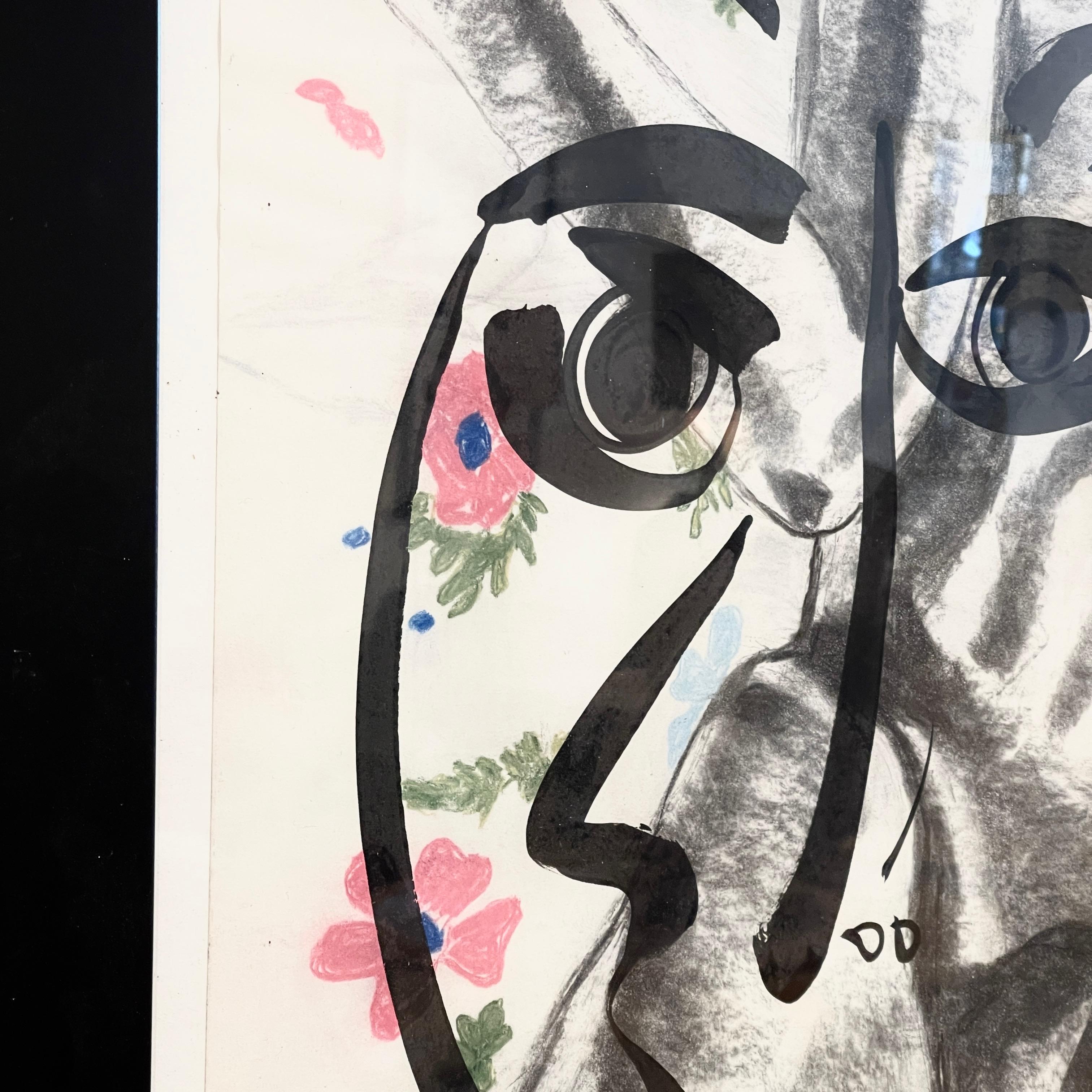 Peter Robert Keil Framed Ink & Charcoal on Paper 1975 Portrait on Nude w Flowers 4