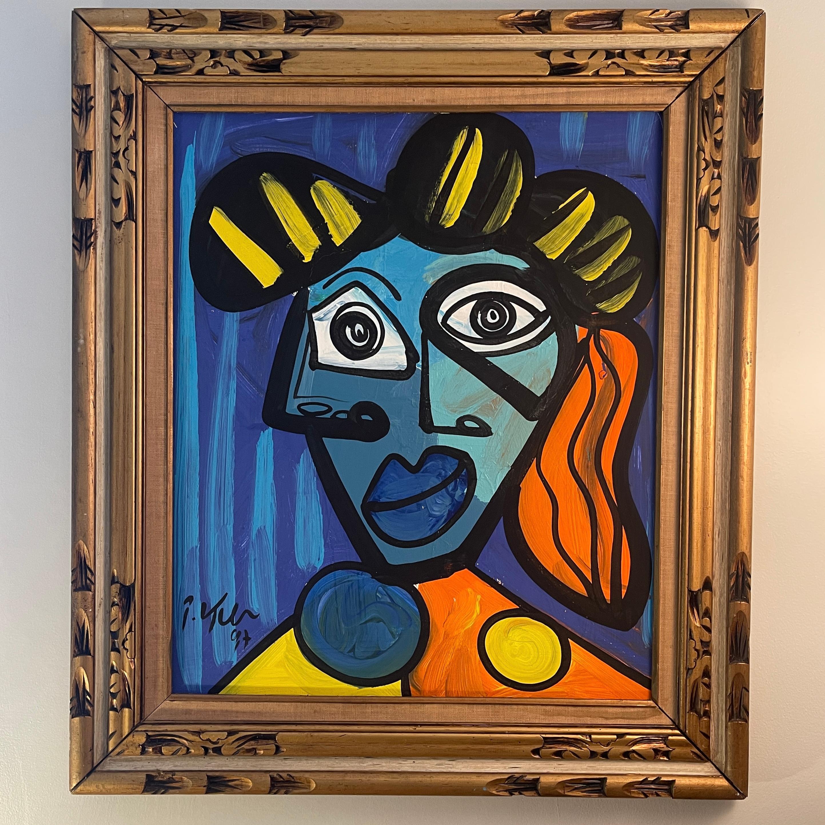 Peter Keil's gold framed painting on canvas. Signed and dated 1997. This one is stunning in person. Amazing and decorative gold frame compliments Keil's Picasso inspired painting of 'Paloma'.  This piece is stunning with vibrant hues and ready to