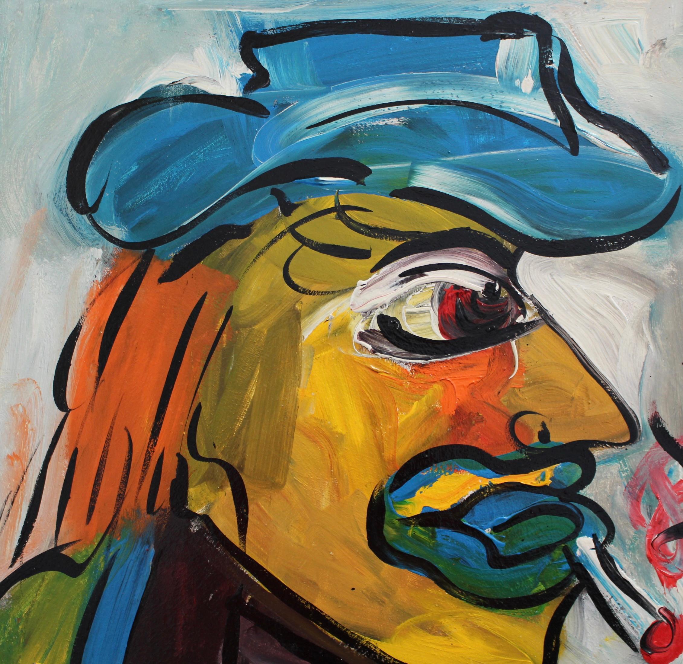 'Man with a Hat', oil on board, by Peter Robert Keil (1983). Big, bold with brash brush strokes painted in exuberant colours is the trademark of the artist. Strangers, friends, acquaintances and imagined characters all appear as subjects in his