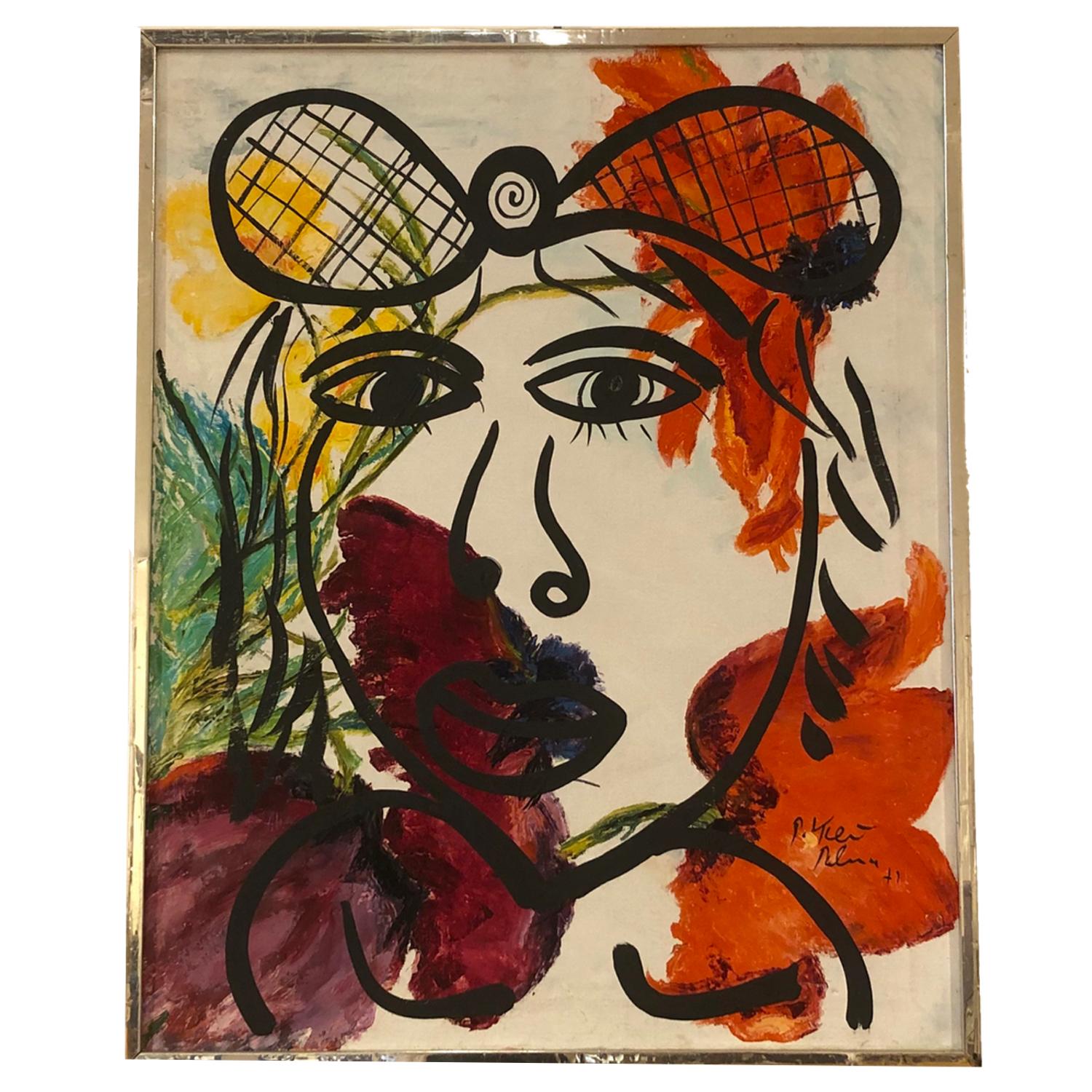 Peinture de portrait figurative abstraite colorée « Paloma 1972 » de Peter Keil 