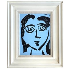 Gerahmte Frau in Blau, Gemälde auf Karton von Peter Robert Keil, 1972