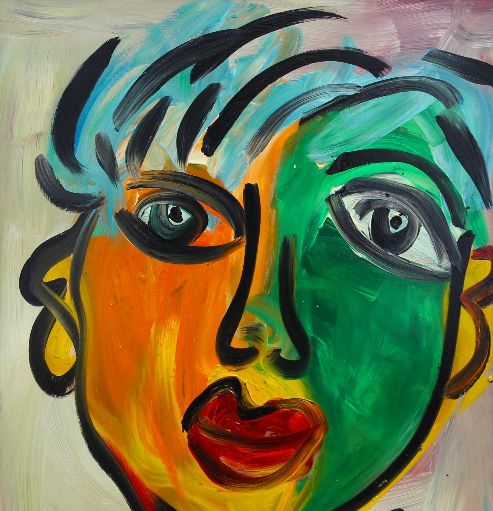 'Portrait of a Woman with Short Hair', oil on board, by Peter Robert Keil (1983). A wide-eyed woman gazes out to the viewer with a tranquil smile. The colours appear in quadrants in the composition, perhaps reflective of the subject's many moods.