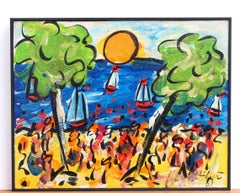 'Dicha al atardecer en el Mediterráneo', óleo moderno, enmarcado