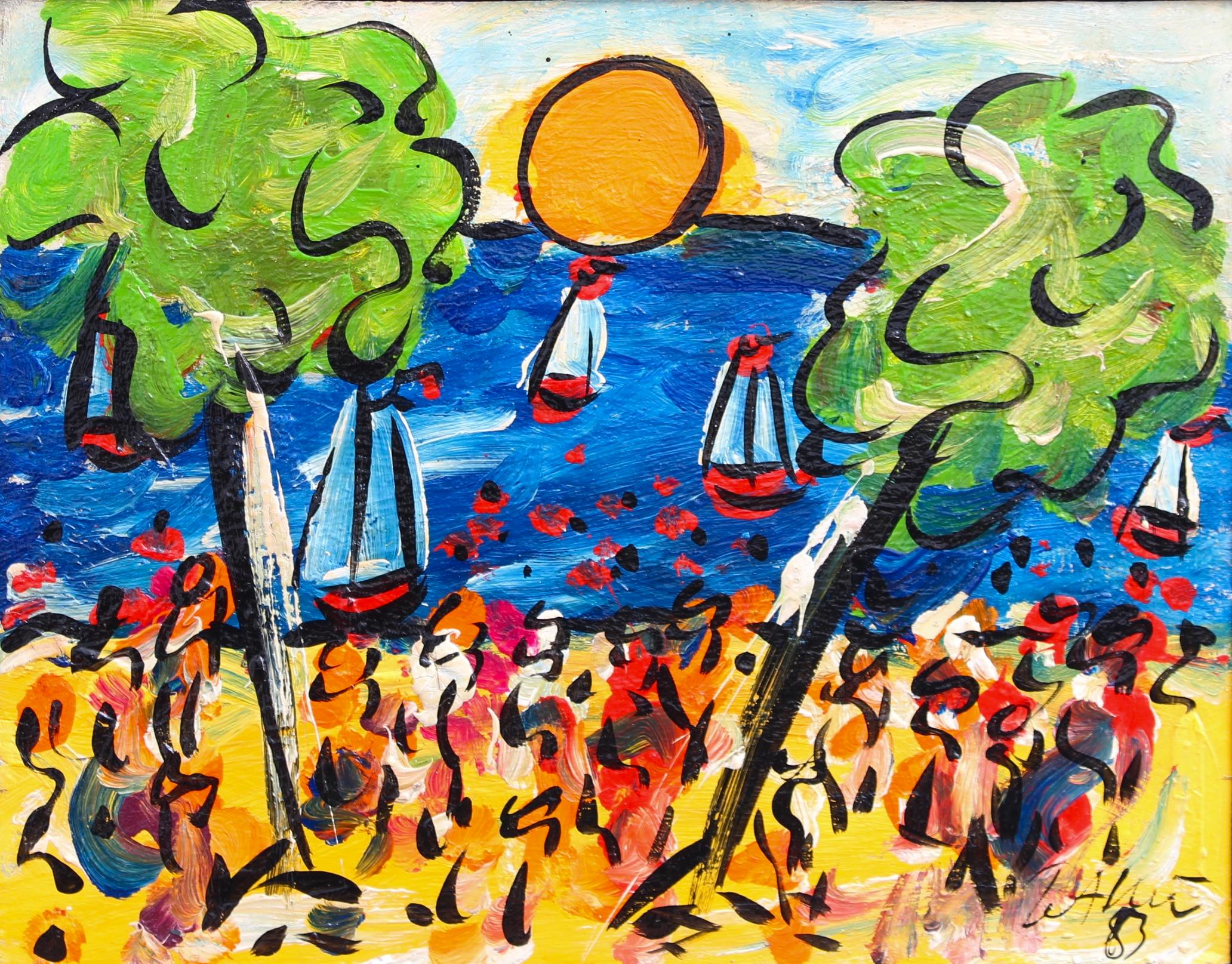 Landscape Painting di Peter Robert Keil - 'La beatitudine del tramonto sul Mediterraneo', dipinto a olio moderno, incorniciato