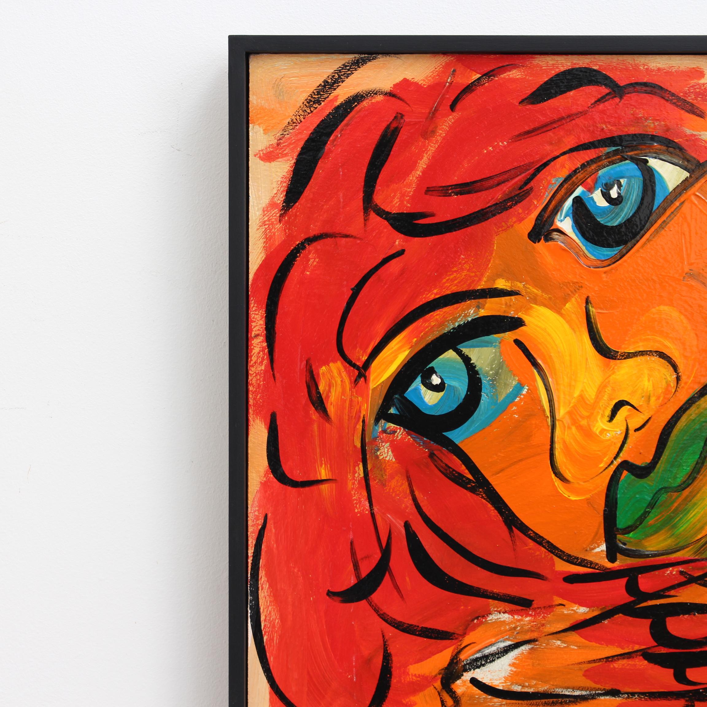 Femme aux yeux bleus, huile sur panneau, par Peters Robert Keil (1985). Une rousse aux seins nus fixe le spectateur de ses yeux bleus intenses. Une mystérieuse main bleue apparaît furtivement dans la partie inférieure droite du tableau, suggérant