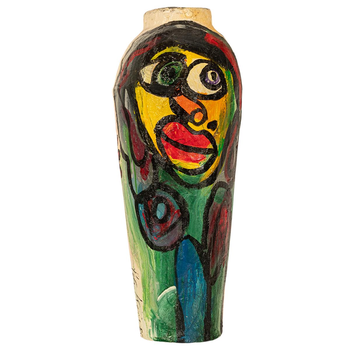 A large abstract Expressionist sculpture floor vase by the celebrated German-American Expressionist artist Peter Robert Keil (b. 1942), signed & dated 1985.
The floor vase is of large size and created from Papier Mache, it features a brightly