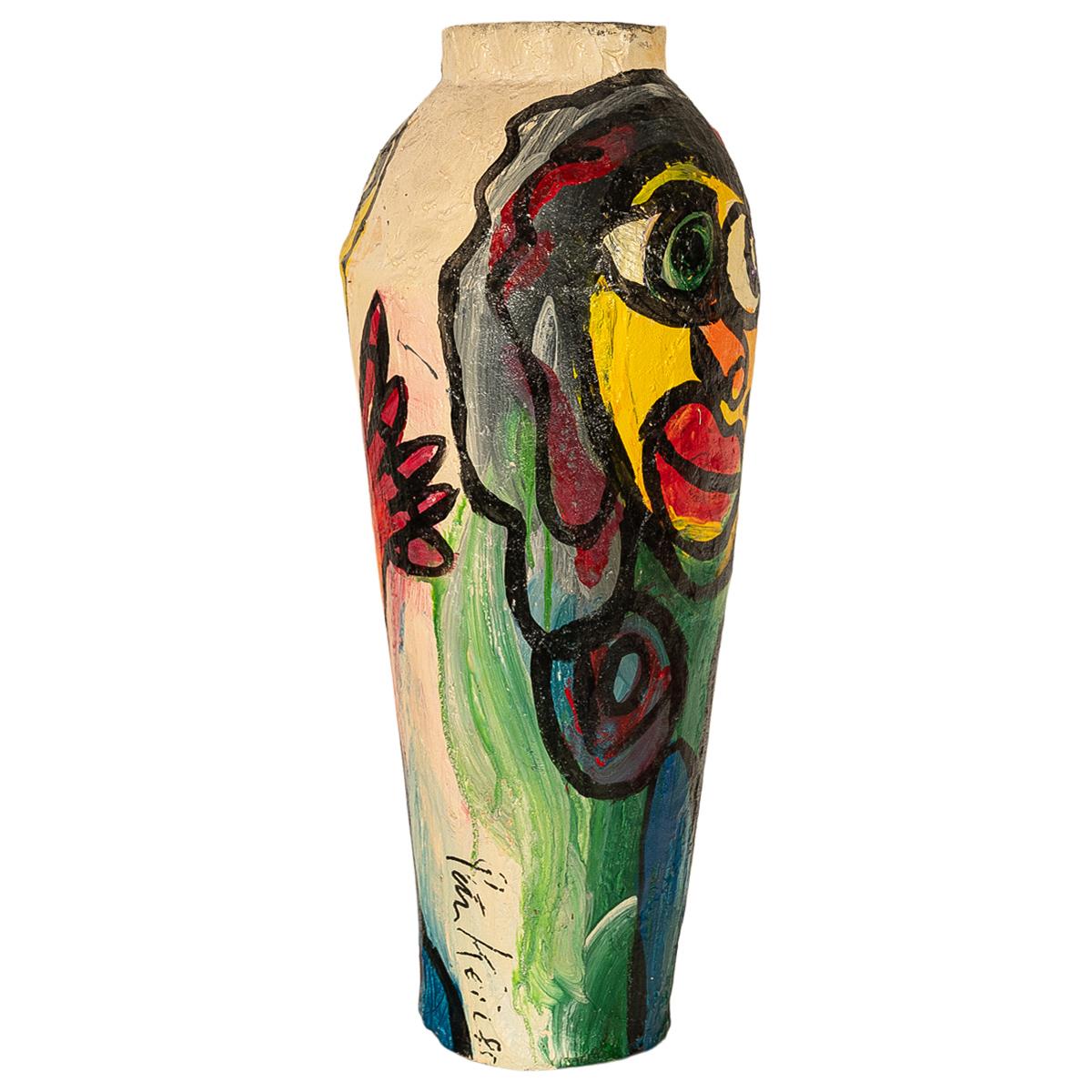 Grande sculpture de sol en papier mâché peint expressionniste abstrait Vase 1985 en vente 1