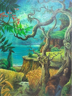 Jungle Surréaliste Magique Paysage Acrylique sur Toile Peinture Arbre Bleu Mer Vert
