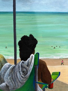 Painting Landscape Figurative Caribbean Deckchair Sea Beach Blue Pink Turquoise