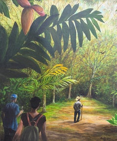 Painting Landscape Jungle Caribbean Surreal Palm Trees Flowers Figures Green