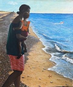 Peinture Mère Enfant Paysage Toile Mer Plage Surréaliste Réalisme Bleu Orange