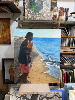 Painting Mother Child Landscape Canvas Sea Beach Surreal Starfish Blue Orange