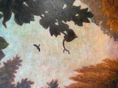 Painting Woman Rural Landscape Bridge, Stream, Tree, Surreal, Orange, Green Bird