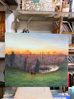 Surreal France Landscape Acrylic on Canvas Painting Cow River Tree Golden Sunset