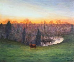 Surreal France Landscape Acrylic on Canvas Painting Cow River Tree Golden Sunset